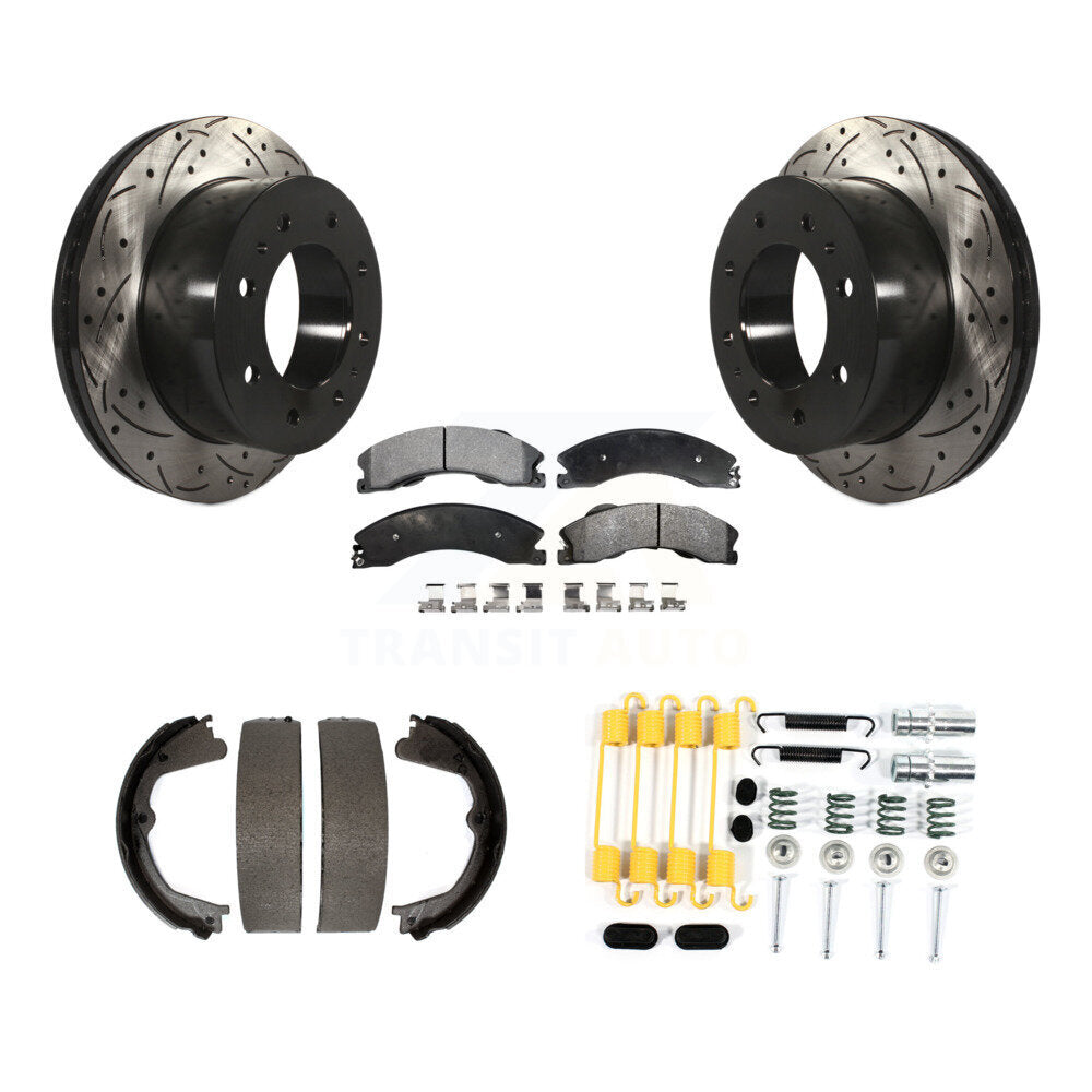 Rear Drill Slot Rotor Semi-Metallic Pad Parking Shoes Kit For Chevrolet Silverado 2500 HD KDF-101696