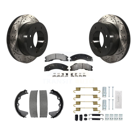 Rear Drilled Slot Disc Rotor Semi-Metallic Pad & Parking Shoes Kit For GMC Sierra 2500 HD KDF-101697