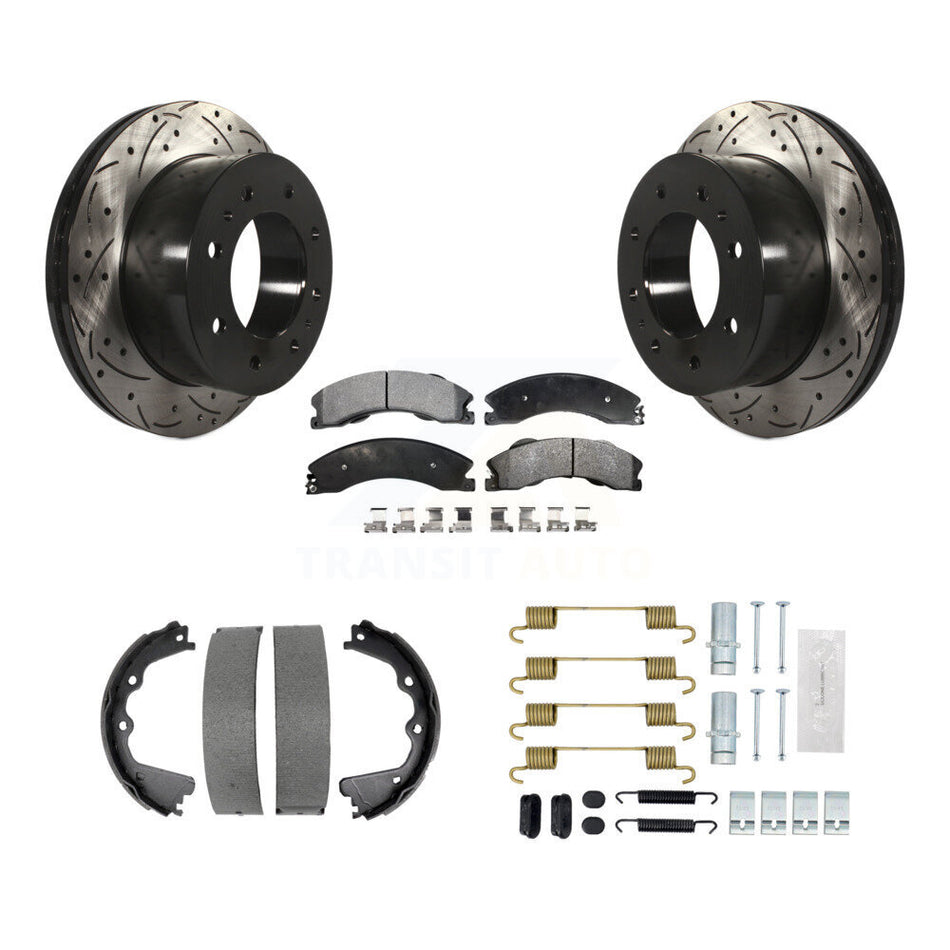 Rear Drilled Slot Disc Rotor Semi-Metallic Pad & Parking Shoes Kit For GMC Sierra 2500 HD KDF-101697