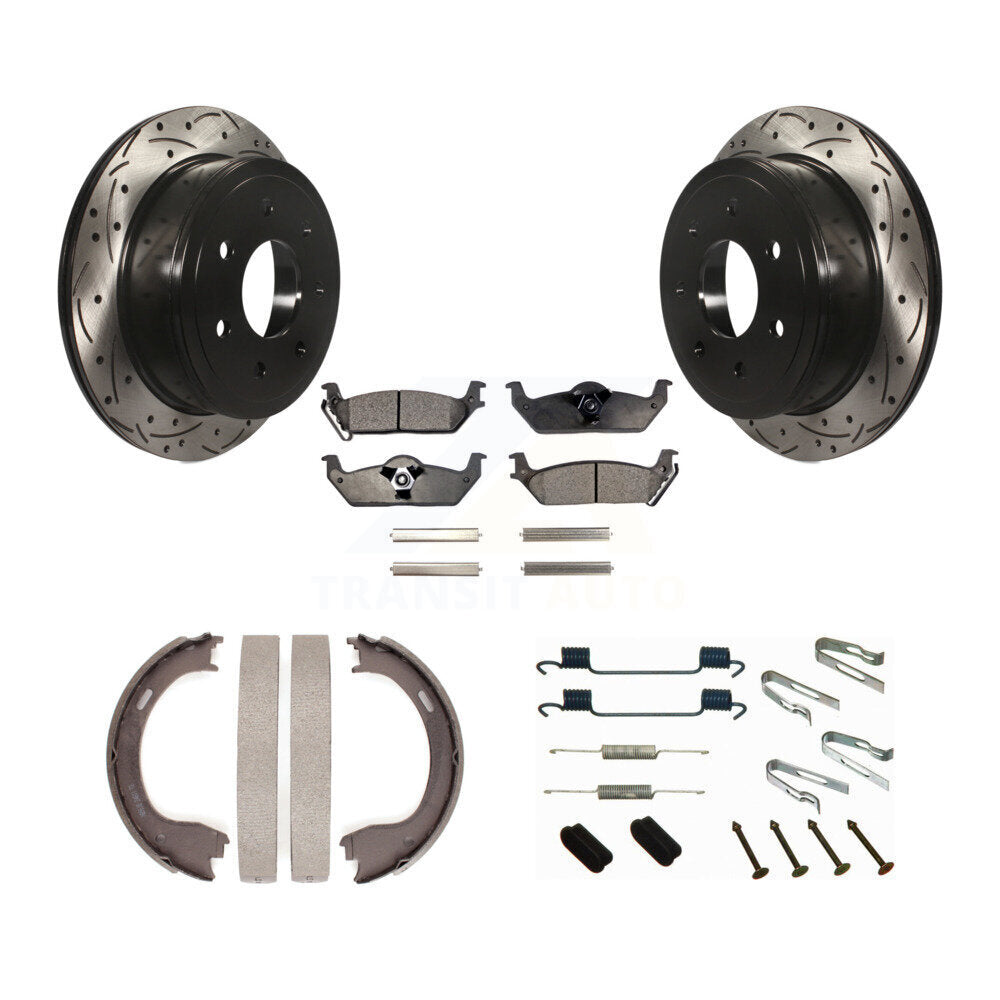 Rear Coated Drilled Slotted Disc Rotor Semi-Metallic Pad Parking Shoes Kit For Ford F-150 KDF-101703