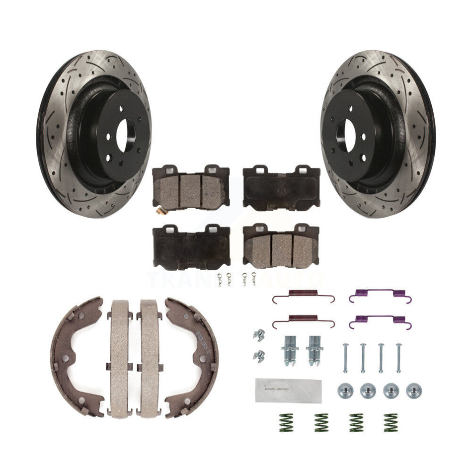 Rear Drilled Slot Rotors Semi-Metallic Pad Parking Shoes Kit For INFINITI G37 Nissan 370Z KDF-101704