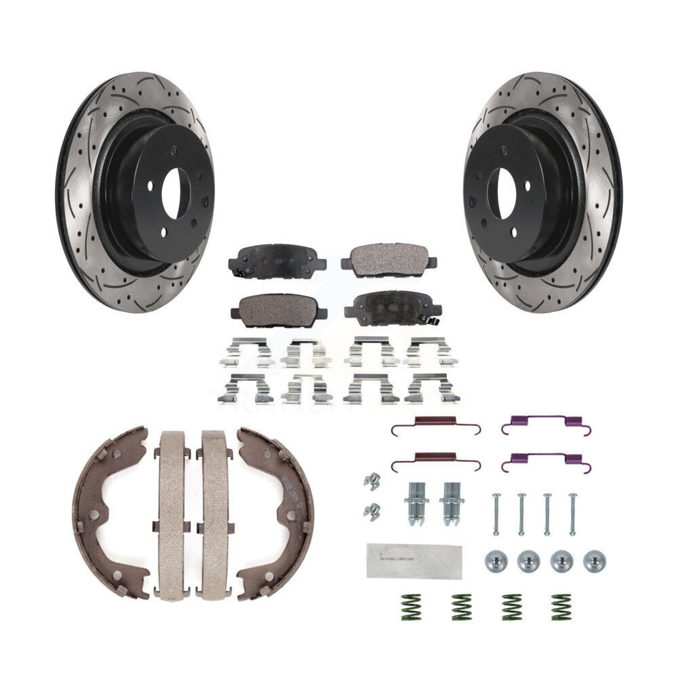 Rear Coat Drill Slot Disc Rotors Semi-Metallic Pad Parking Shoes Kit For INFINITI G35 Q60 KDF-101707