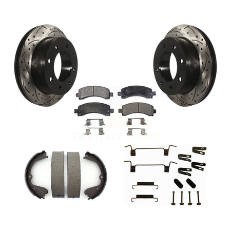 Rear Drill Slot Rotor Semi-Metallic Pad Parking Shoes Kit For GMC Savana 3500 Cutaway Van KDF-101715