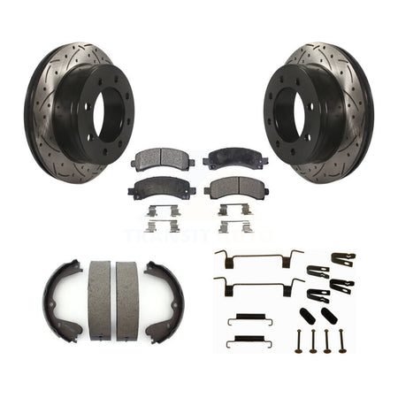 Rear Drill Slot Rotor Semi-Metallic Pad Parking Shoes Kit For GMC Savana 3500 Cutaway Van KDF-101717