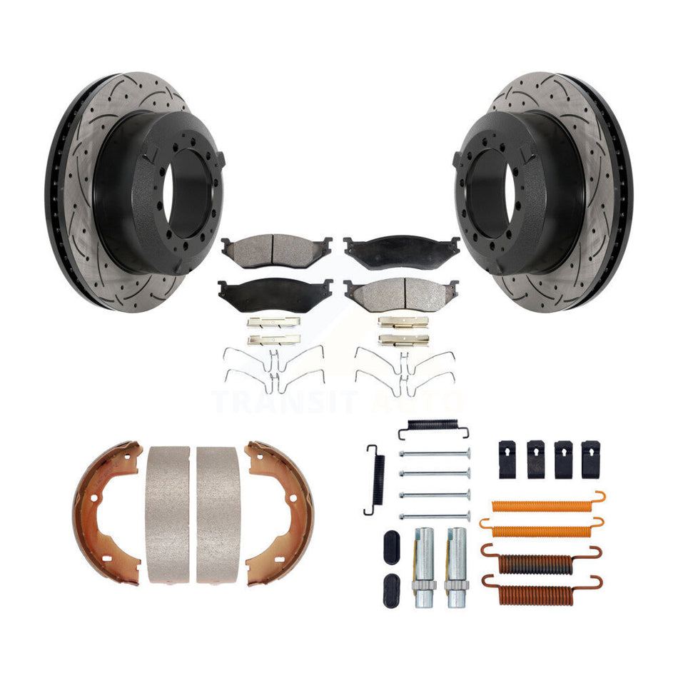 Rear Drill Slot Rotor Semi-Metallic Pad Parking Shoes Kit For Ford F-450 Super Duty F-550 KDF-101721
