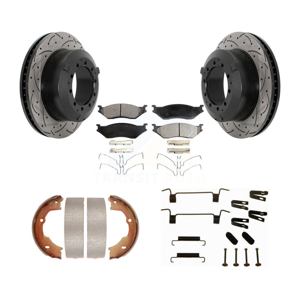 Rear Drill Slot Disc Rotors Semi-Metallic Pad Parking Shoes Kit For Ford F-450 Super Duty KDF-101723