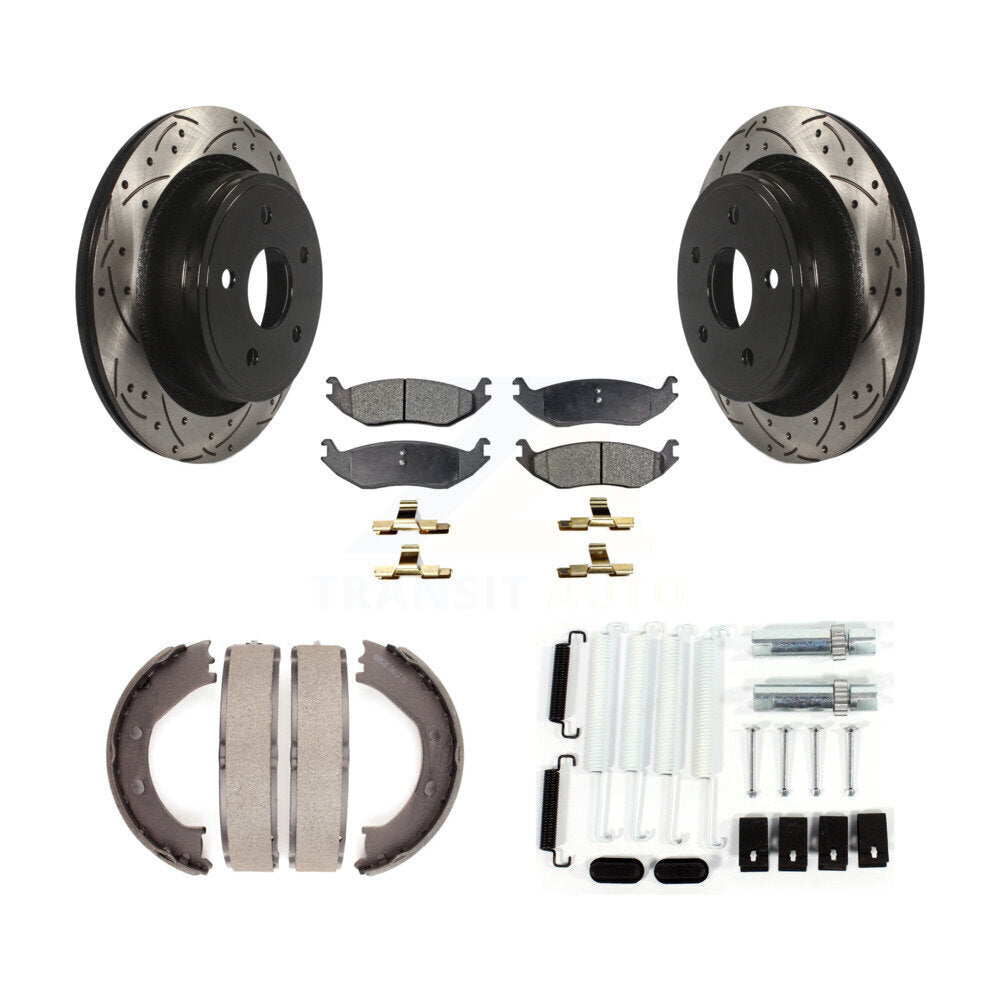 Rear Drill Slot Disc Rotor Semi-Metallic Pad Parking Shoes Kit For Dodge Ram 1500 Durango KDF-101724