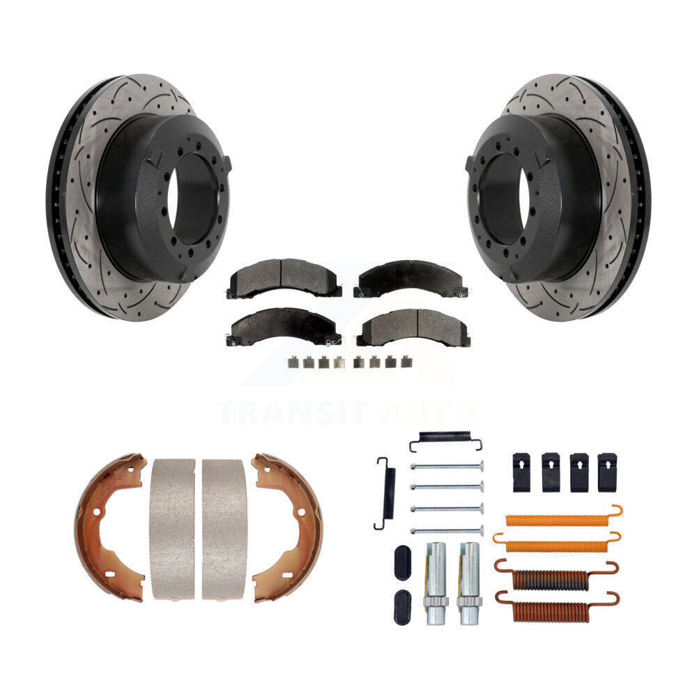 Rear Drill Slot Rotor Semi-Metallic Pad Parking Shoes Kit For Ram Dodge Sterling Truck 45 KDF-101726
