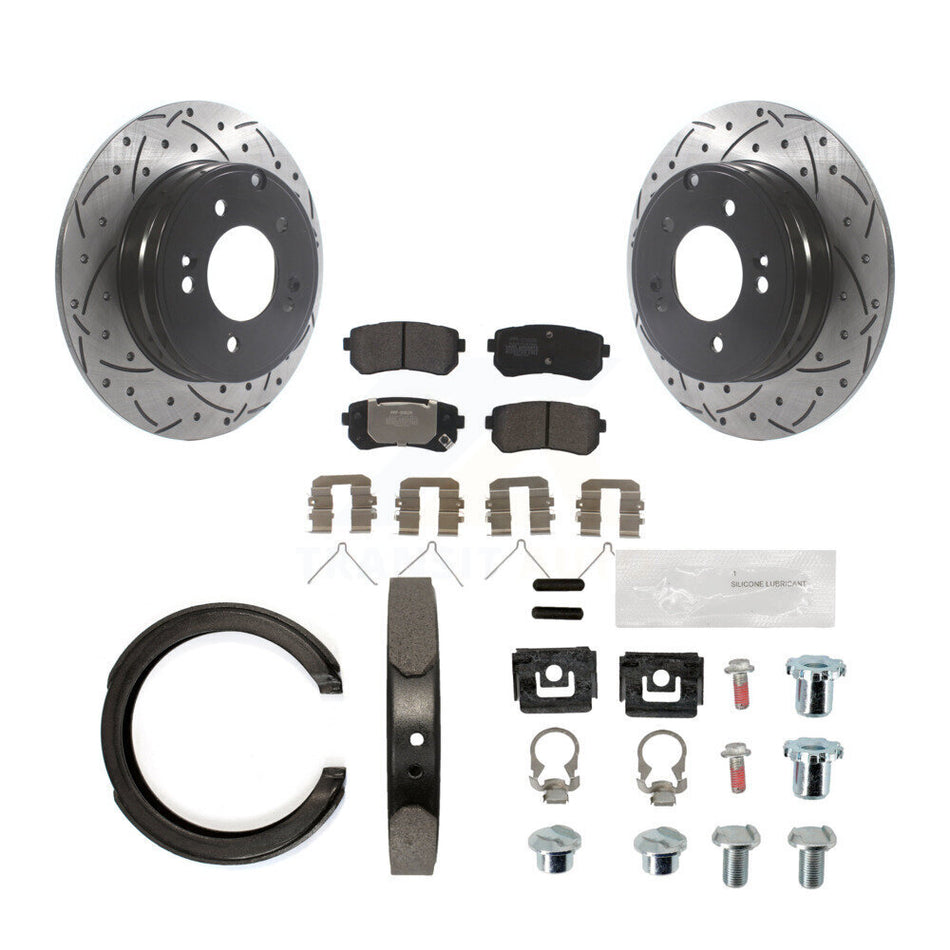 Rear Coated Drilled Slotted Disc Rotor Semi-Metallic Pad Parking Shoes Kit For Kia Optima KDF-101743