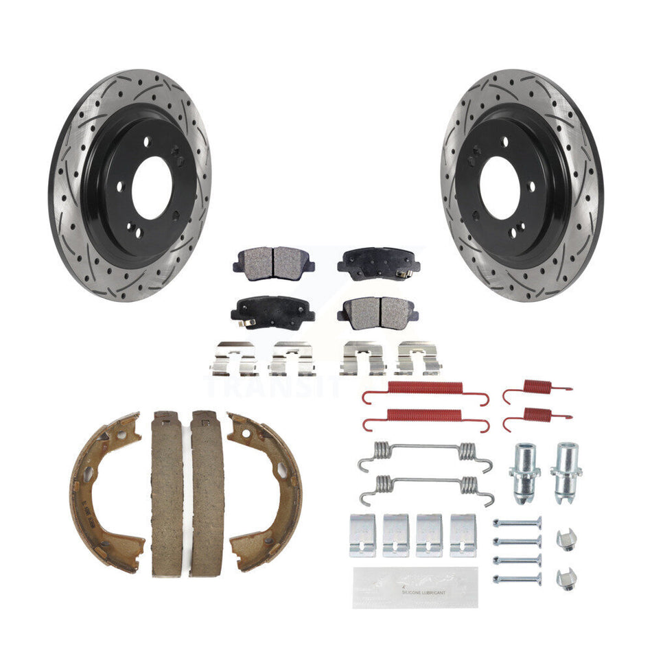 Rear Drilled Slot Rotors Semi-Metallic Pad Parking Shoes Kit For 2013 Kia Optima LX/EX/SX KDF-101746