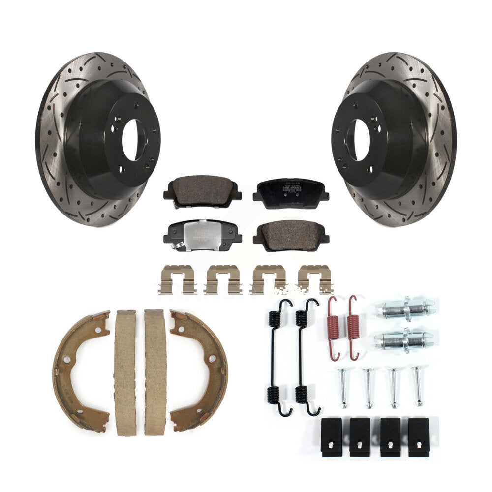 Rear Drilled Slot Disc Rotor Semi-Metallic Pad Parking Shoes Kit For Hyundai Santa Fe Kia KDF-101747