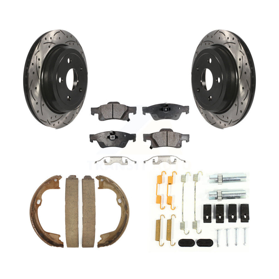 Rear Drilled Slot Rotor Semi-Metallic Pad Parking Shoes Kit For Jeep Grand Cherokee Dodge KDF-101749