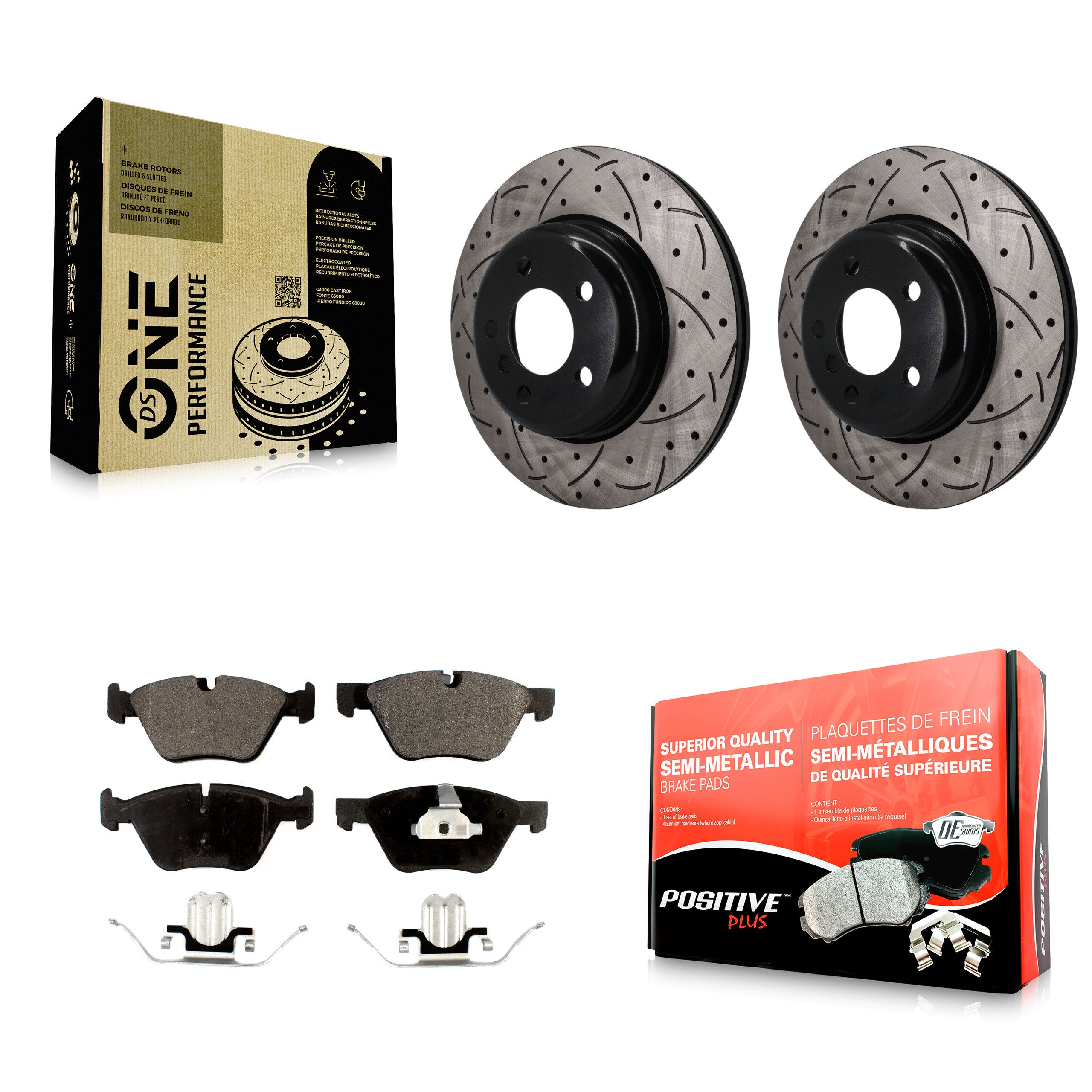 Front Coated Drilled Slotted Disc Brake Rotor & Semi-Metallic Pad Kit For BMW 528i xDrive KDF-101881