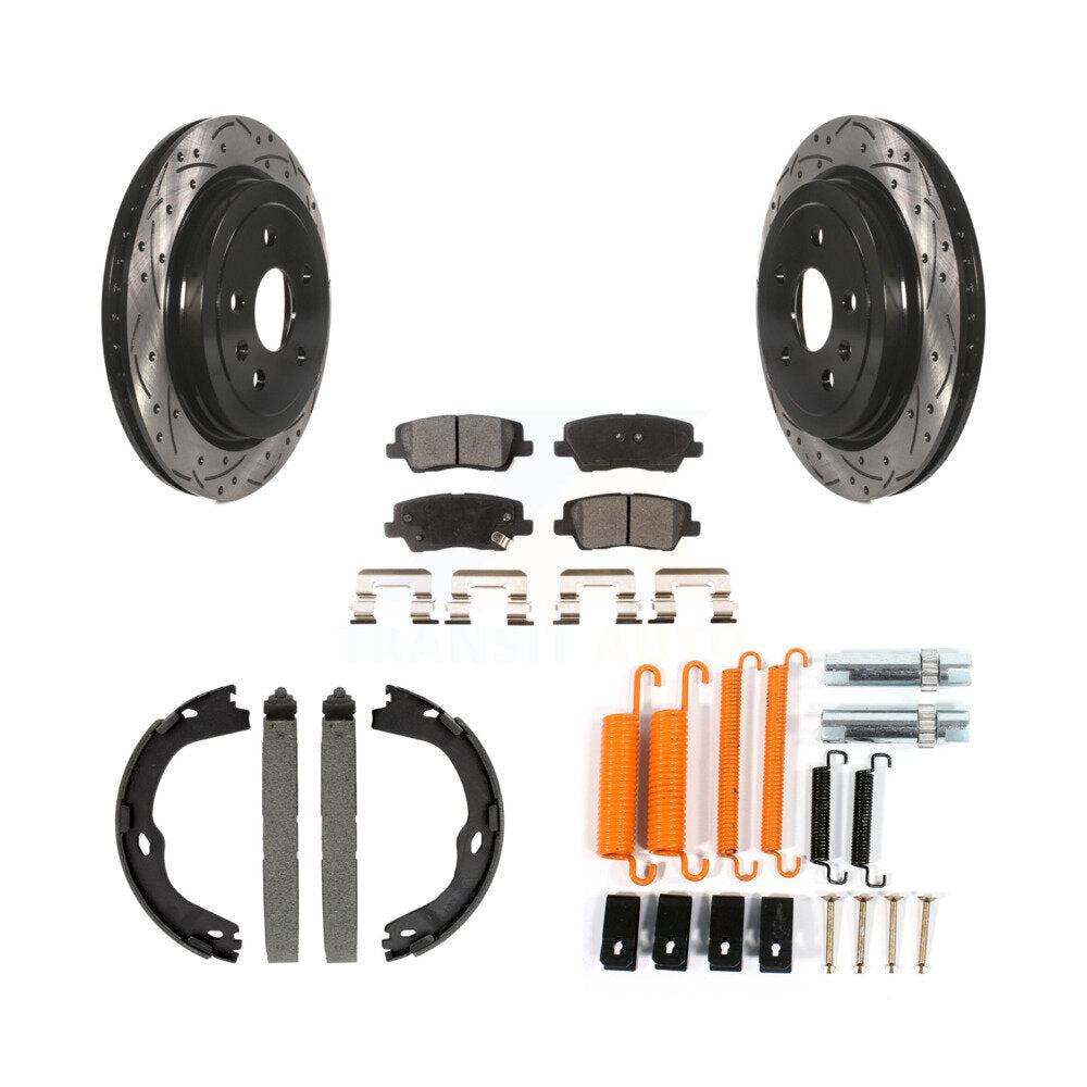 Rear Coated Drilled Slot Disc Rotors Semi-Metallic Pad Parking Shoes Kit For Cadillac CTS KDF-102017