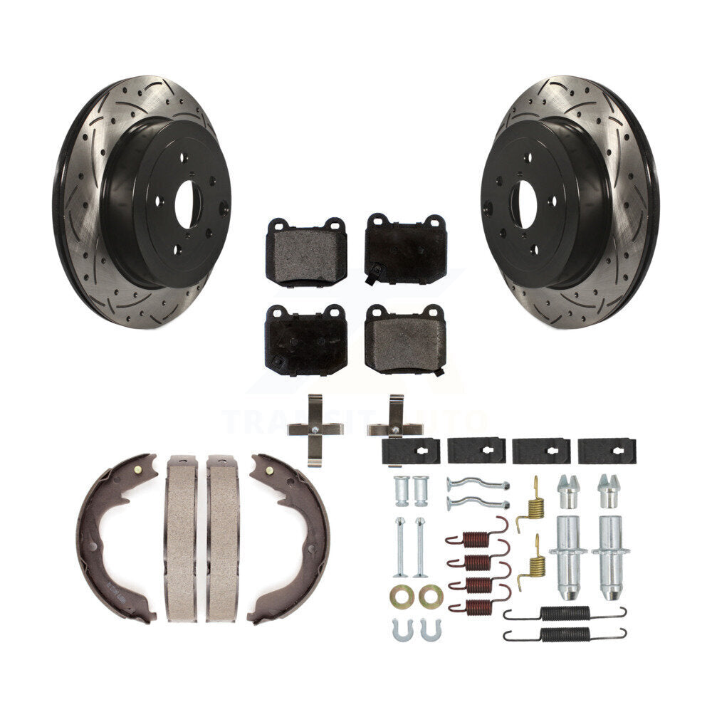 Rear Coated Drill Slot Disc Rotors Semi-Metallic Pad Parking Shoes Kit For Subaru Impreza KDF-102024