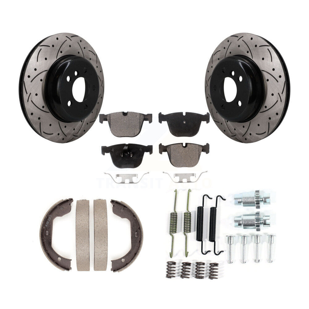 Rear Drill Slot Rotors Semi-Metallic Pad Parking Shoes Kit For BMW 535i GT xDrive 740Li 7 KDF-102025