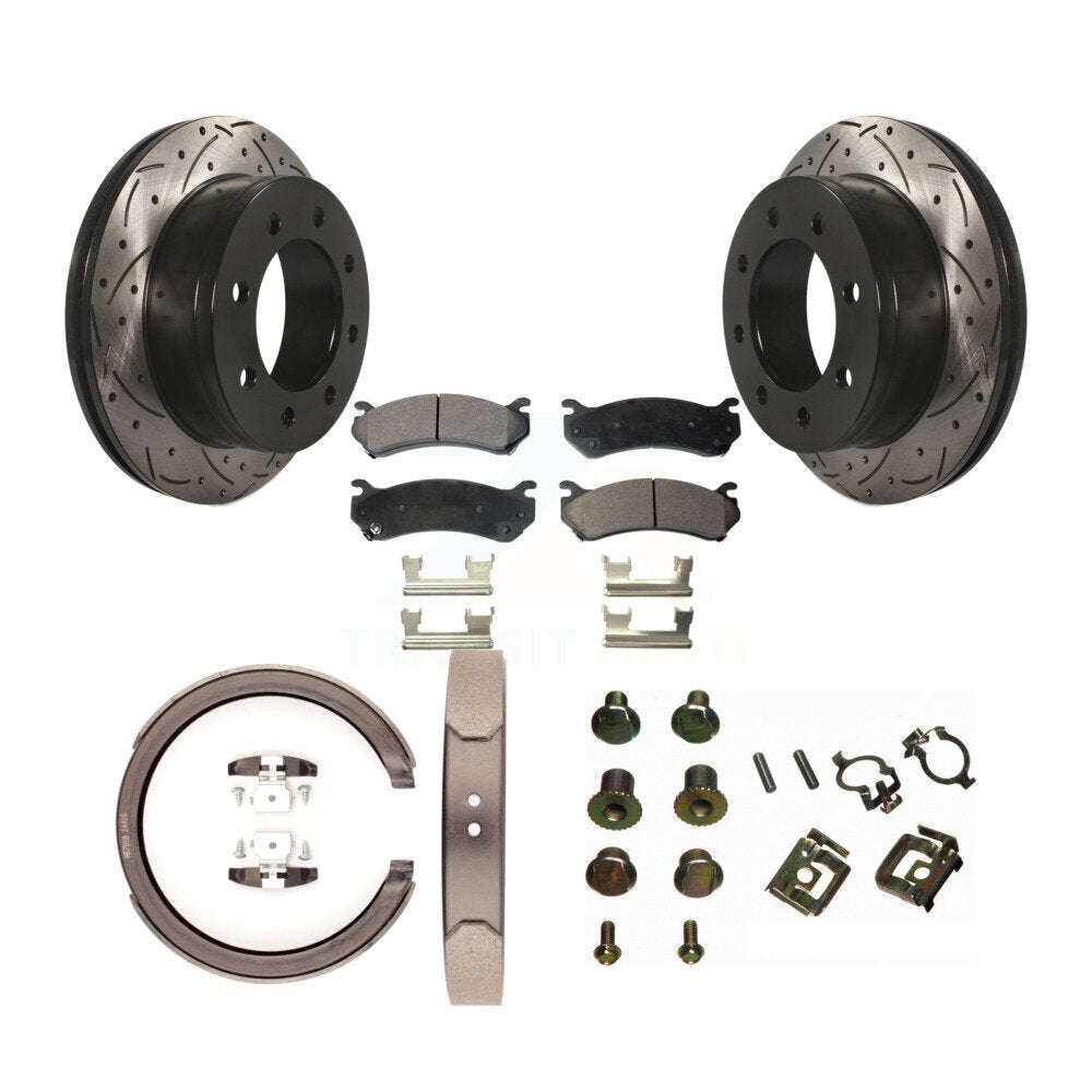 Rear Coated Drill Slot Disc Rotor Semi-Metallic Pad Parking Shoes Kit For GMC Sierra 2500 KDF-102036