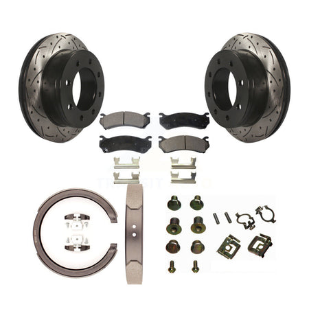 Rear Coated Drill Slot Disc Rotor Semi-Metallic Pad Parking Shoes Kit For GMC Sierra 2500 KDF-102036