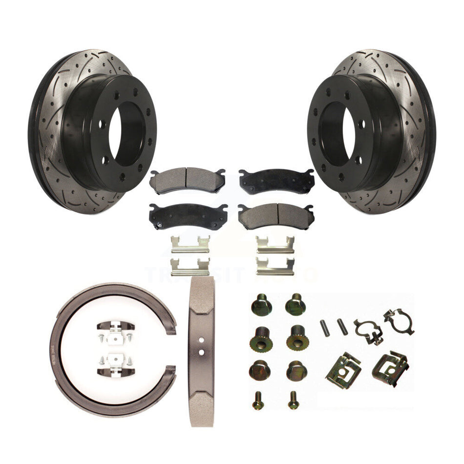 Rear Coated Drill Slot Disc Rotor Semi-Metallic Pad Parking Shoes Kit For GMC Sierra 2500 KDF-102036