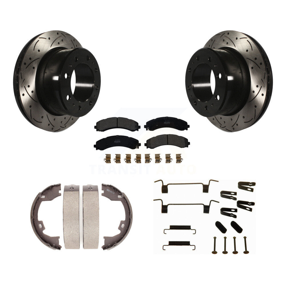 Rear Coated Drill Slot Disc Rotors Semi-Metallic Pad Parking Brake Shoes Kit For Ram 3500 KDF-102042