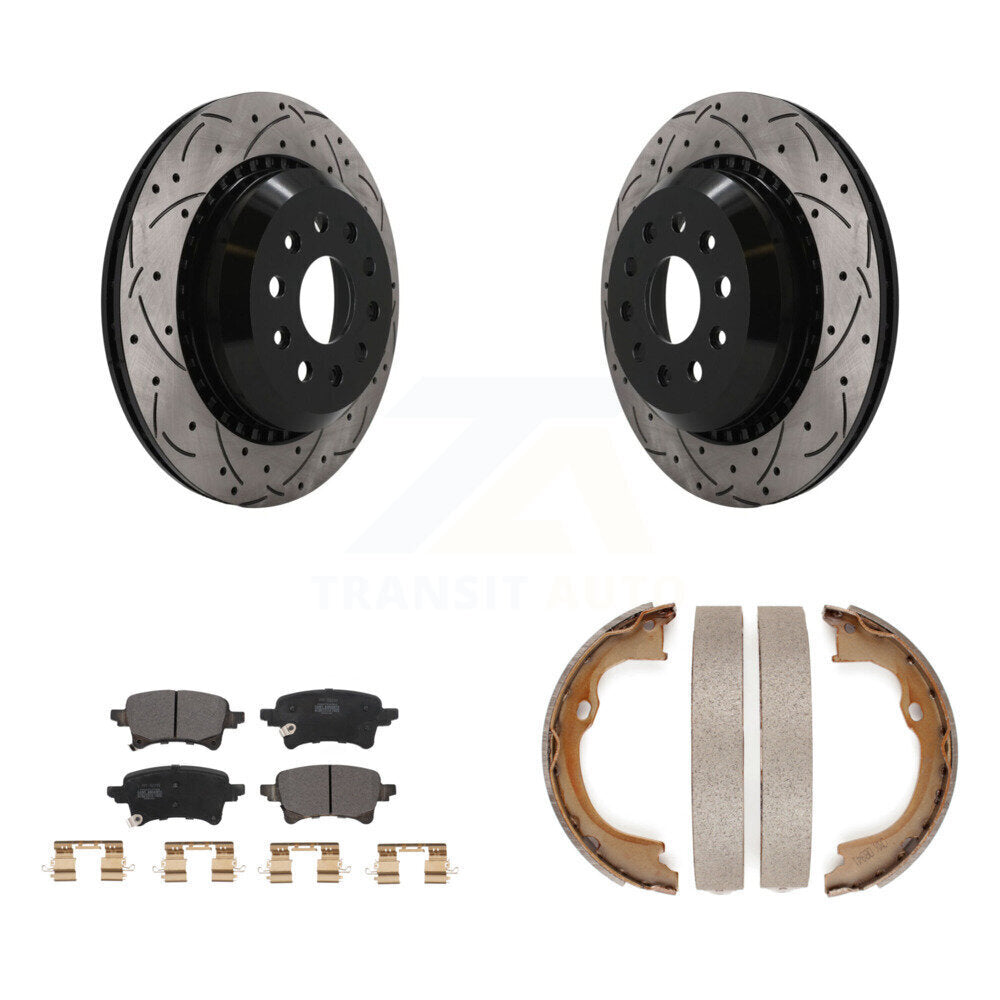 Rear Disc Drilled & Slotted Rotors Semi-Metallic Pads Parking Shoes Kit For Jeep Wrangler KDF-102052