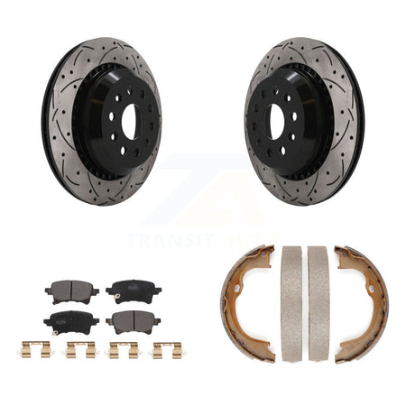 Rear Disc Drilled & Slotted Rotors Semi-Metallic Pads Parking Shoes Kit For Jeep Wrangler KDF-102052