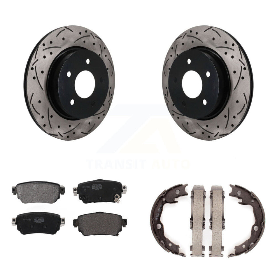 Rear Disc Drilled & Slotted Rotors Semi-Metallic Pads Parking Shoes Kit For Nissan LEAF KDF-102054