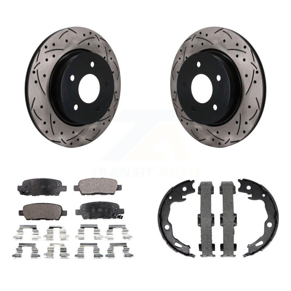 Rear Disc Drilled & Slotted Rotors Semi-Metallic Pads Parking Shoes Kit For Nissan Rogue KDF-102056