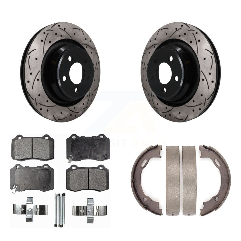 Rear Disc Drilled & Slotted Rotors Semi-Metallic Pads Parking Shoes Kit For Dodge Charger KDF-102058