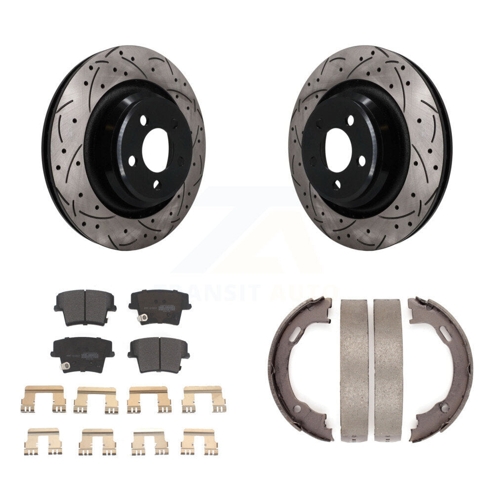 Rear Disc Drilled & Slotted Rotors Semi-Metallic Pads Parking Shoes Kit For Dodge Charger KDF-102059