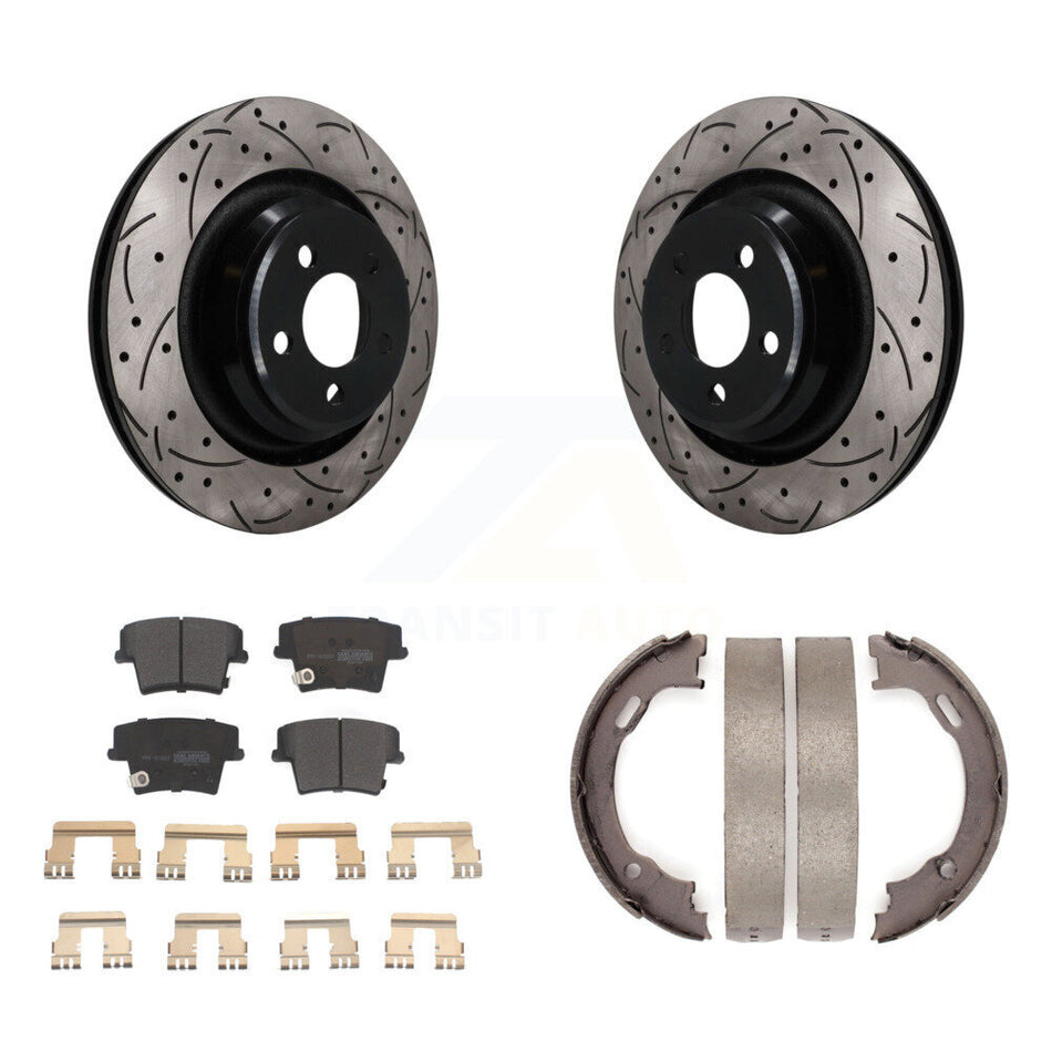 Rear Disc Drilled & Slotted Rotors Semi-Metallic Pads Parking Shoes Kit For Dodge Charger KDF-102059