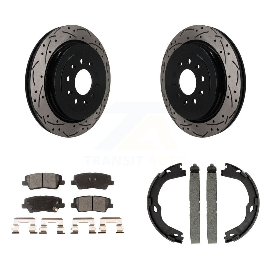 Rear Disc Drilled & Slotted Rotors Semi-Metallic Pads Parking Shoes Kit For Cadillac ATS KDF-102060