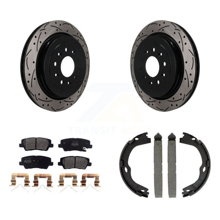 Rear Disc Drilled & Slotted Rotors Semi-Metallic Pads Parking Shoes Kit For Cadillac ATS KDF-102061