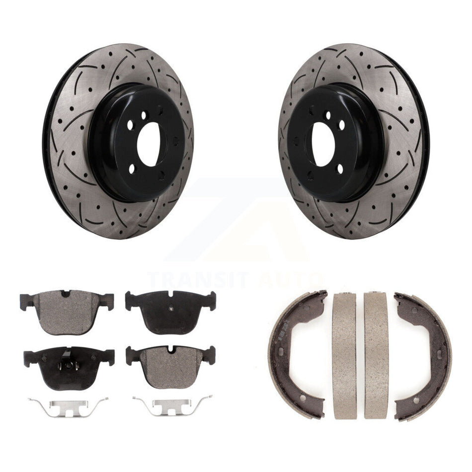 Rear Disc Drilled & Slotted Rotors Semi-Metallic Pads Parking Shoes Kit For BMW 535i GT 7 KDF-102063