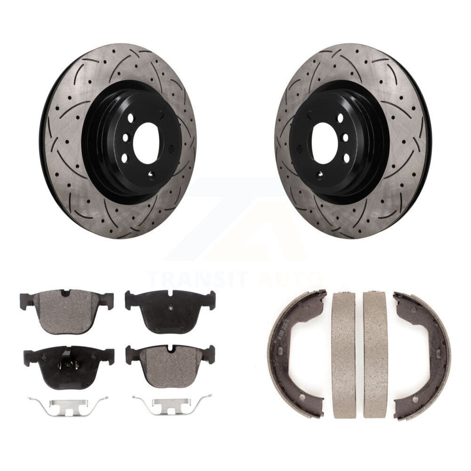 Rear Disc Drilled & Slotted Rotors Semi-Metallic Pads Parking Shoes Kit For BMW 750i 550i KDF-102064
