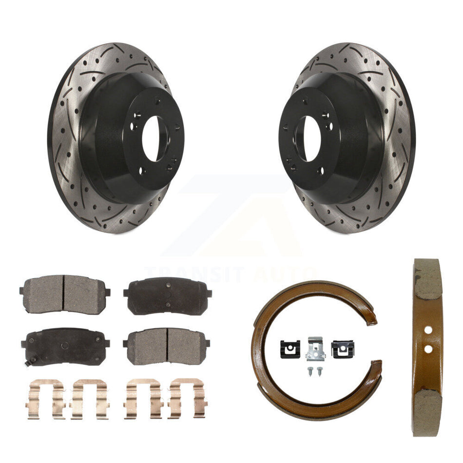 Rear Disc Drilled & Slotted Rotors Semi-Metallic Pads Parking Shoes Kit For Kia Sedona KDF-102066