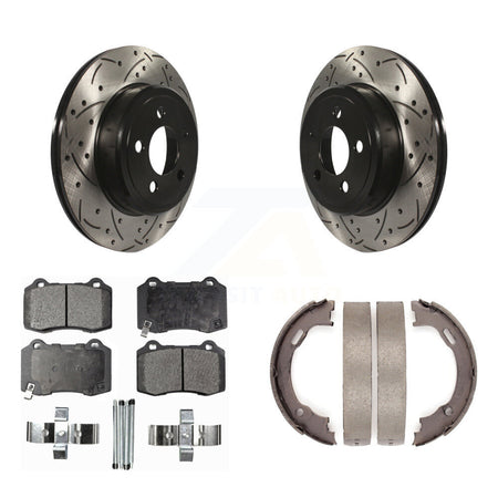 Rear Disc Drilled & Slotted Rotors Semi-Metallic Pads Parking Shoes Kit For Chrysler 300 KDF-102088
