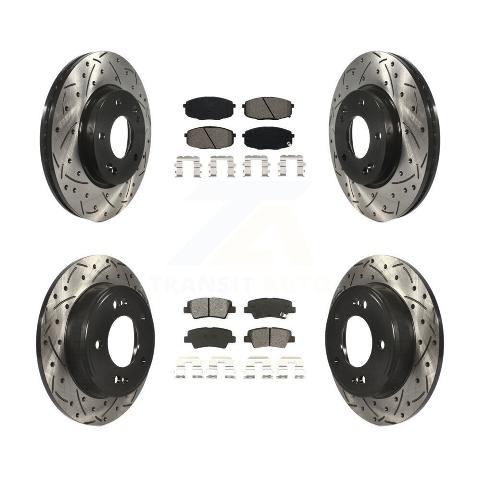 Front Rear Coat Drill Slot Disc Brake Rotors Semi-Metallic Pad Kit For 2014-2016 Kia Soul KDS-100849