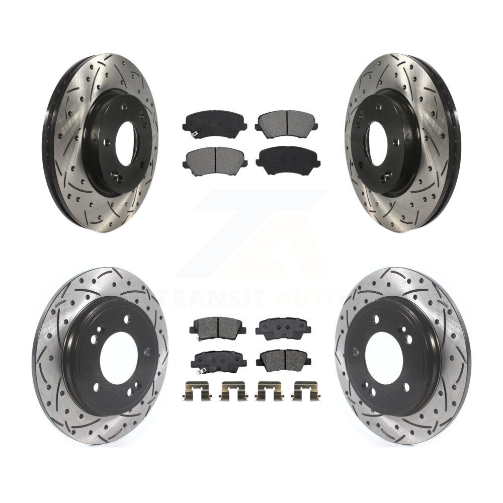 Front Rear Coated Drill Slot Disc Brake Rotors Semi-Metallic Pad Kit For Hyundai Veloster KDS-100927