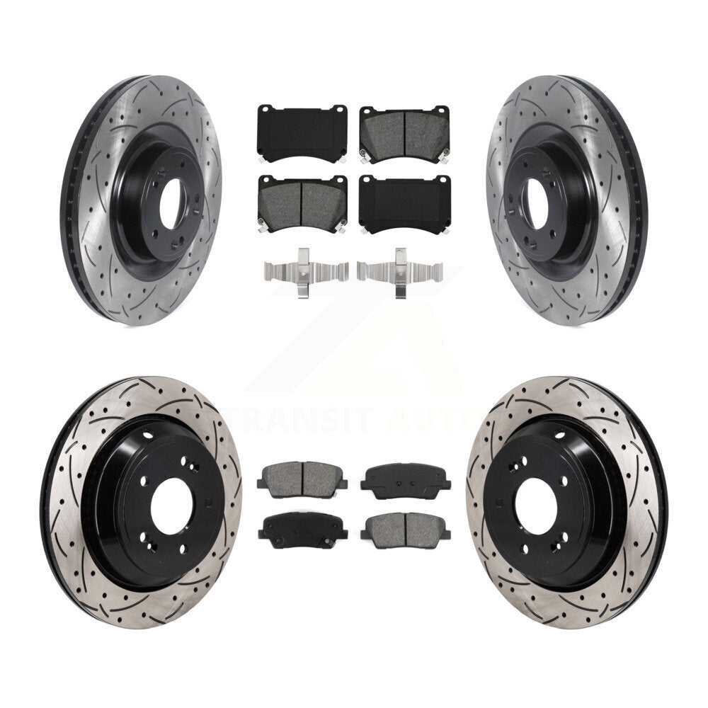 Front Rear Coat Drill Slot Disc Brake Rotors Semi-Metallic Pad Kit For 2011 Hyundai Equus KDS-101154