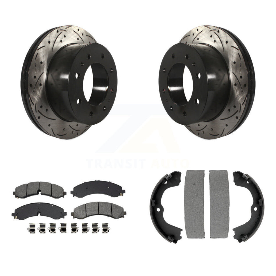 Rear Disc Drilled & Slotted Rotors Semi-Metallic Pads Parking Shoes Kit For GMC Chevrolet KDS-101211