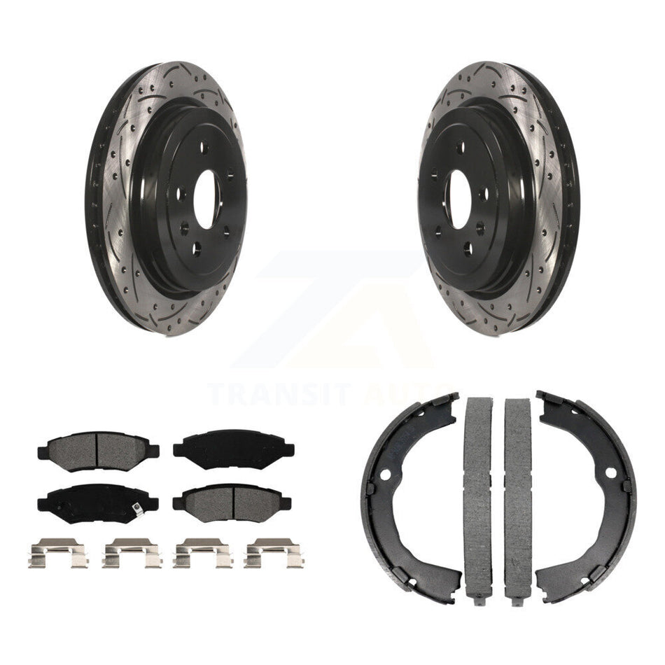 Rear Disc Drilled & Slotted Rotors Semi-Metallic Pads Parking Shoes Kit For Chevrolet CTS KDS-101215