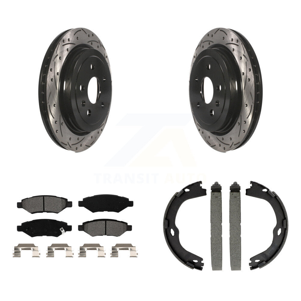 Rear Disc Drilled & Slotted Rotors Semi-Metallic Pads Parking Shoes Kit For Cadillac CTS KDS-101217