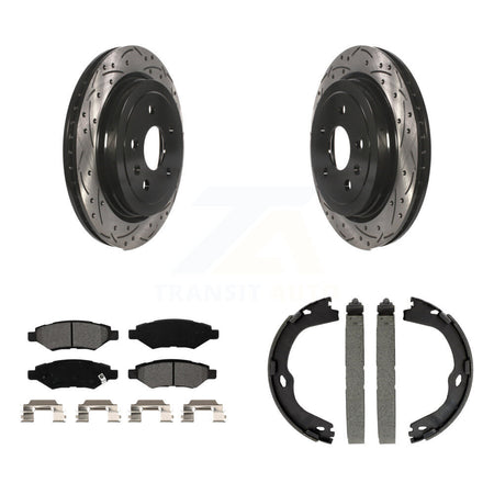 Rear Disc Drilled & Slotted Rotors Semi-Metallic Pads Parking Shoes Kit For Cadillac CTS KDS-101217