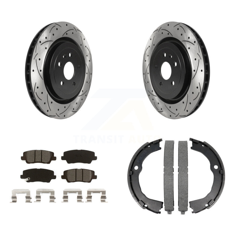 Rear Disc Drilled & Slotted Rotors Semi-Metallic Pads Parking Shoes Kit For Cadillac CTS KDS-101218