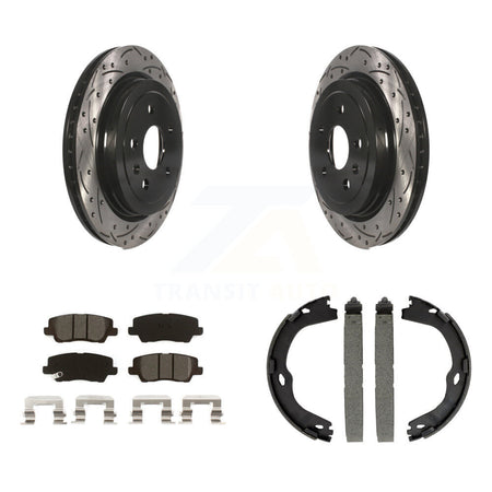 Rear Disc Drilled & Slotted Rotors Semi-Metallic Pads Parking Shoes Kit For Cadillac CTS KDS-101219