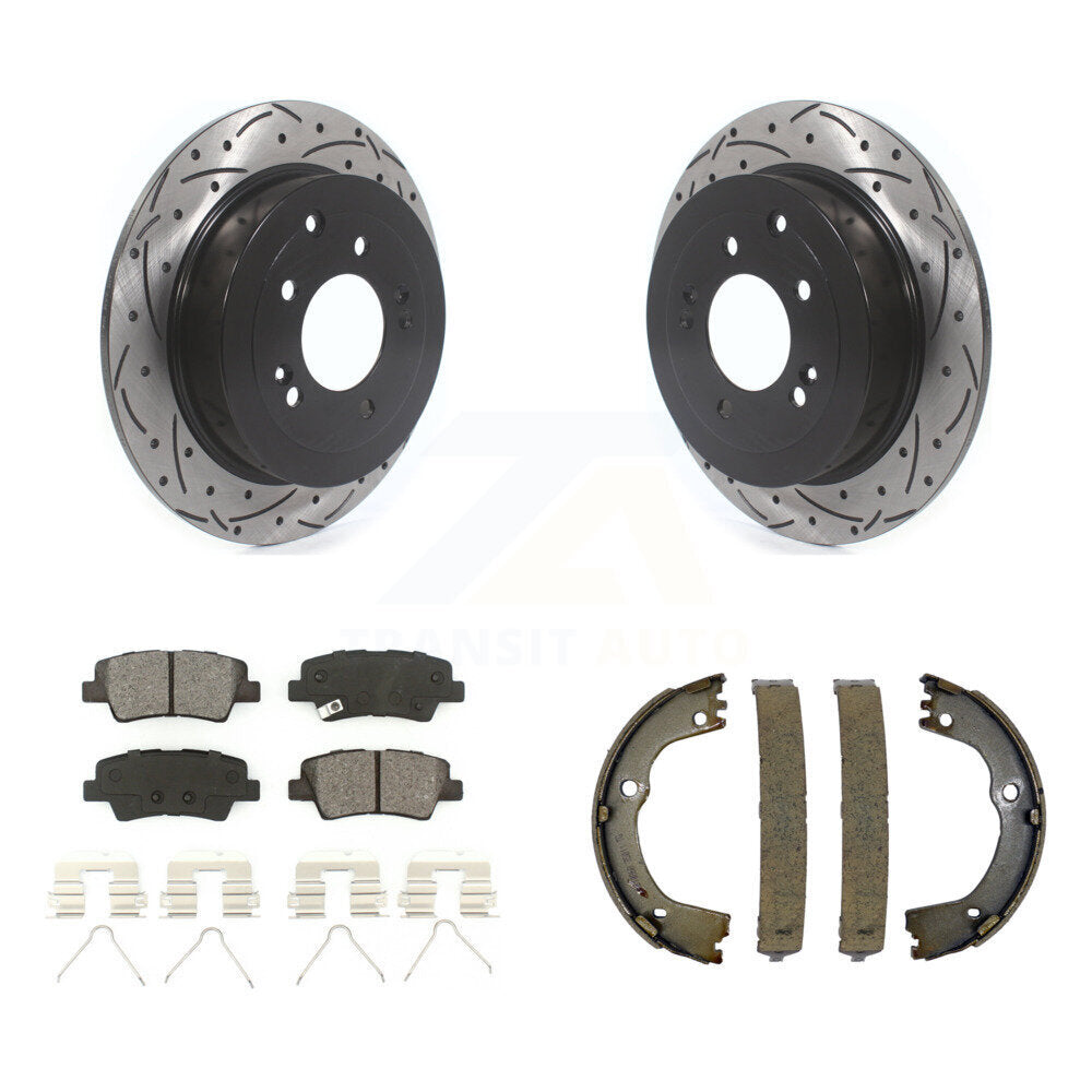 Rear Disc Drilled & Slotted Rotors Semi-Metallic Pads Parking Shoes Kit For Hyundai Kia KDS-101220