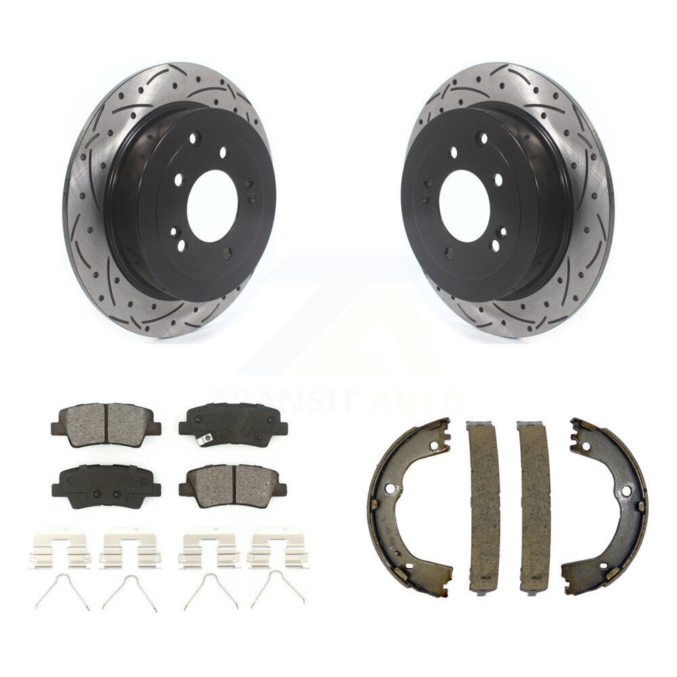 Rear Disc Drilled & Slotted Rotors Semi-Metallic Pads Parking Shoes Kit For Hyundai Kia KDS-101220