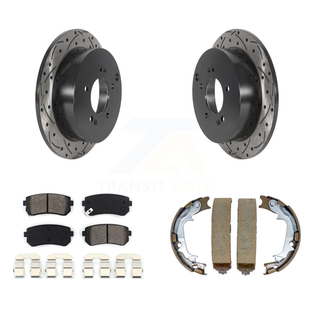 Rear Disc Drilled & Slotted Rotors Semi-Metallic Pads Parking Shoes Kit For Hyundai Kia KDS-101222