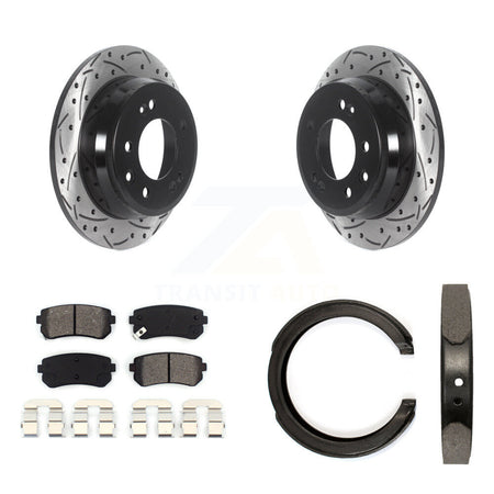 Rear Disc Drilled & Slotted Rotors Semi-Metallic Pads Parking Shoes Kit For Kia Sportage KDS-101224